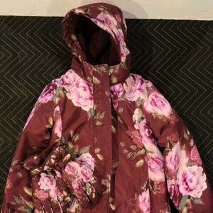 The Children's Place Girl Beet Floral Puffer Jacket Sz M 7/8 Fleece Liner Gloves
